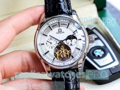 Fast Shipping Copy Omega White Dial Black Leather Strap Men's Watch